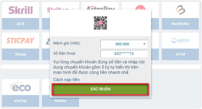 Điền số tiền bạn cần nạp vào 1Xbet