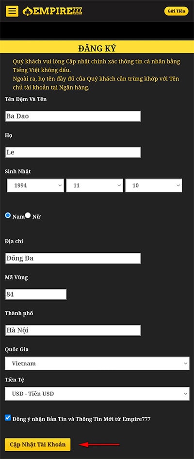 Tiếp tục điền thông tin đăng ký tài khoản Empire777