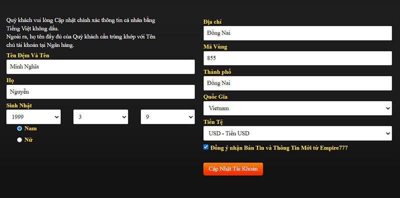 Điền thông tin đăng ký tài khoản Empire777 chi tiết