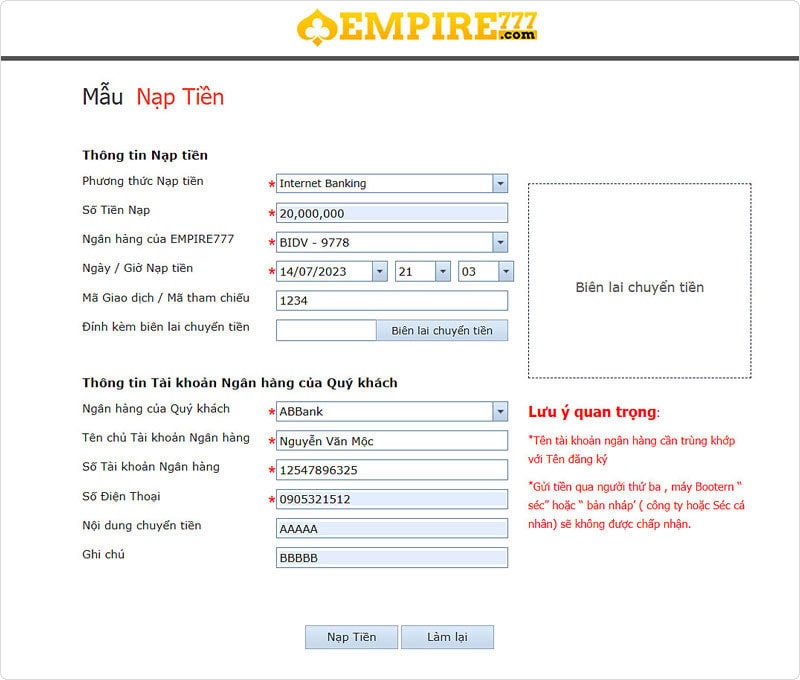 Điền thông tin gửi tiền Empire777