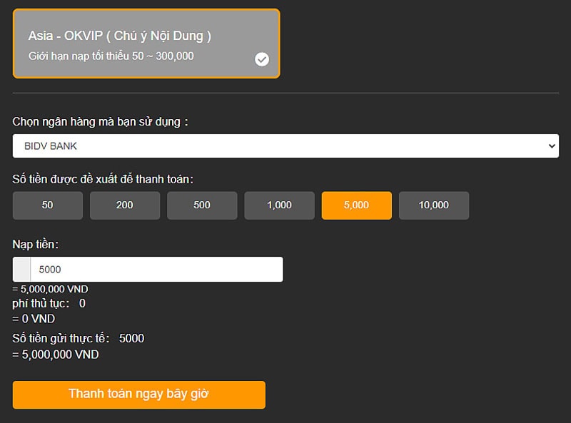 Lựa chọn ngân hàng và điền số tiền mà bạn muốn gửi