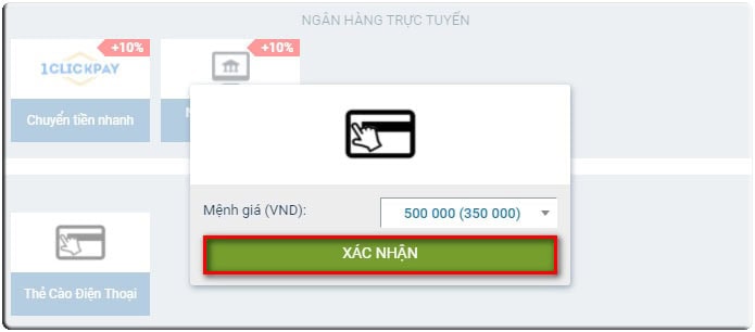 Nhập mệnh giá của thẻ khi nạp tiền 1xbet