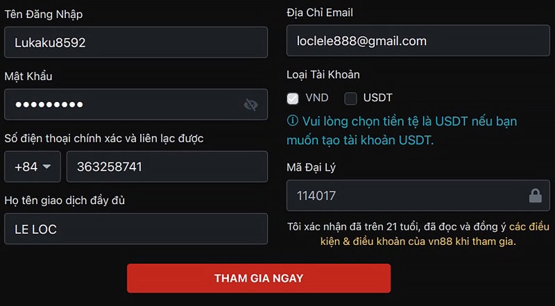 Điền thông tin tạo tài khoản VN88