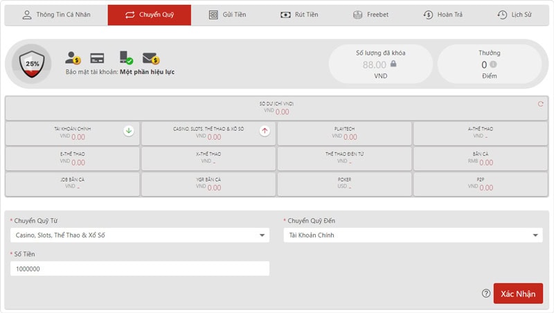Tiến hành chuyển quỹ để Rút tiền tại Vn88