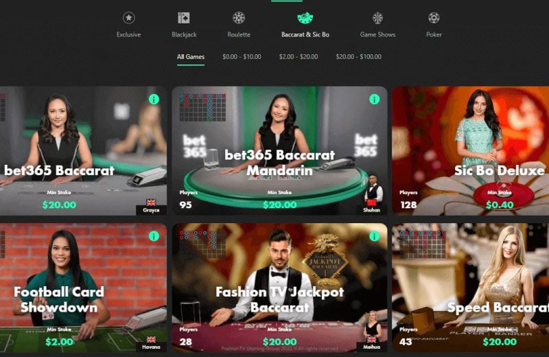 Thương hiệu Bet365 gắn liền với nhiều game casino online đỉnh cao