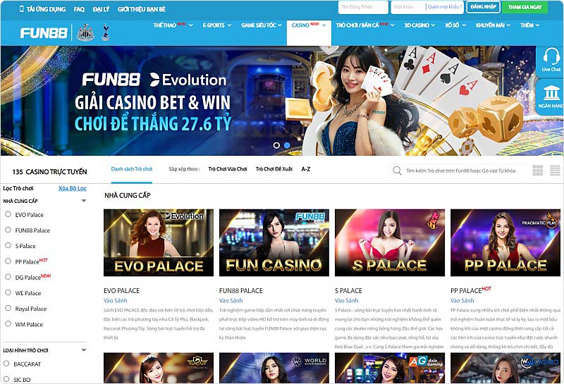 Đa dạng các game bài thú vị chỉ có tại casino trực tuyến Fun88