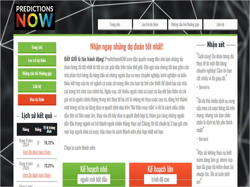 Giao diện trang web tips bóng đá PredictionsNow