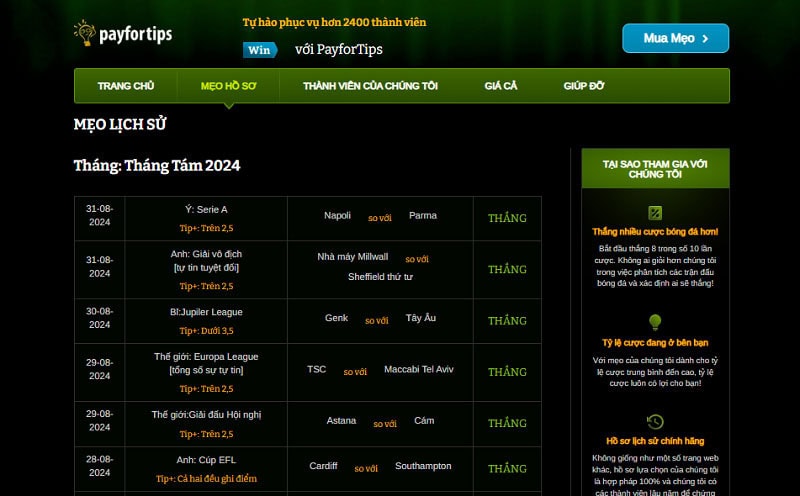 Tips bóng đá trên website PayForTips
